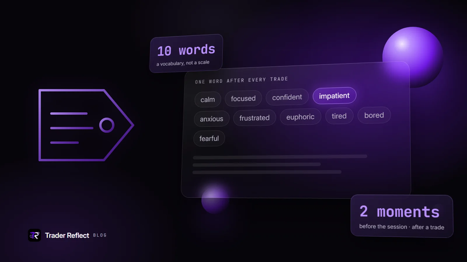 A short vocabulary of emotion words — calm, focused, impatient, anxious and more — with one word highlighted.